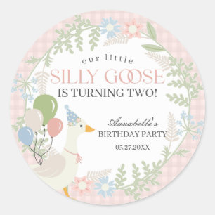 Roze Gekke Gans Floral Gingham Baby shower Favors Ronde Sticker