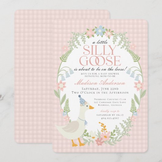 Roze Gekke Gans Floral Gingham Baby shower Kaart (Voorkant / Achterkant)