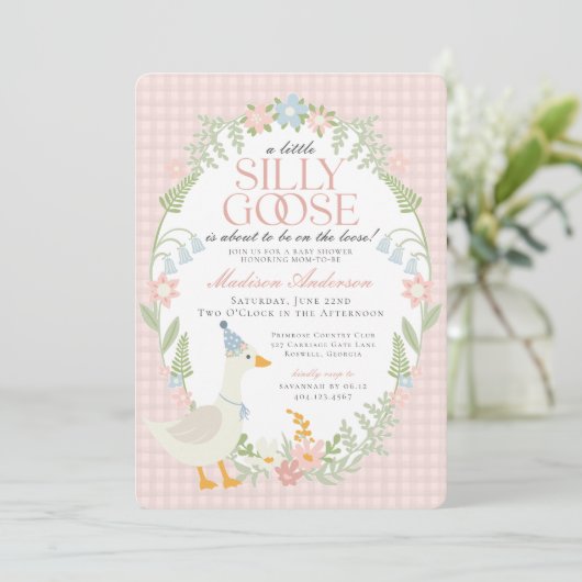 Roze Gekke Gans Floral Gingham Baby shower Kaart (Staand voorkant)