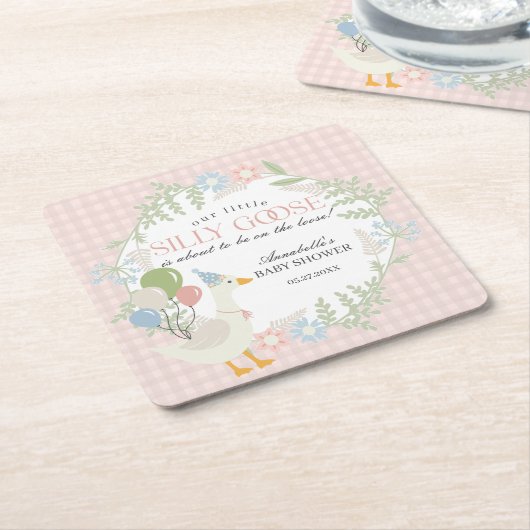 Roze Gekke Gans Floral Gingham Baby shower Kartonnen Onderzetters (Schuin)