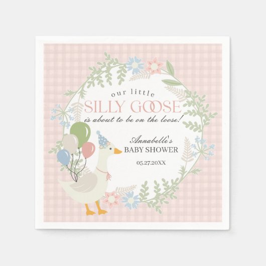 Roze Gekke Gans Floral Gingham Baby shower Servet (Voorkant)