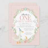 Roze Gekke Gans Floral Gingham eerste verjaardag Kaart (Voorkant / Achterkant)