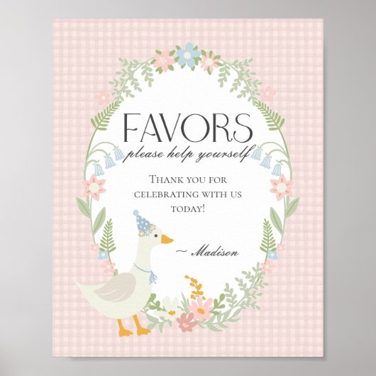 Roze Gekke Gans Floral Gingham Favors Sign Poster (Voorkant)