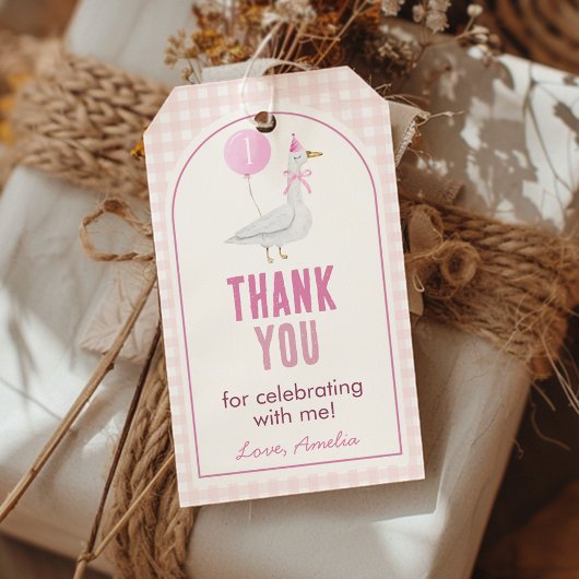 Roze Gekke Goose Balloon Girl Verjaardag Dank u Cadeaulabel