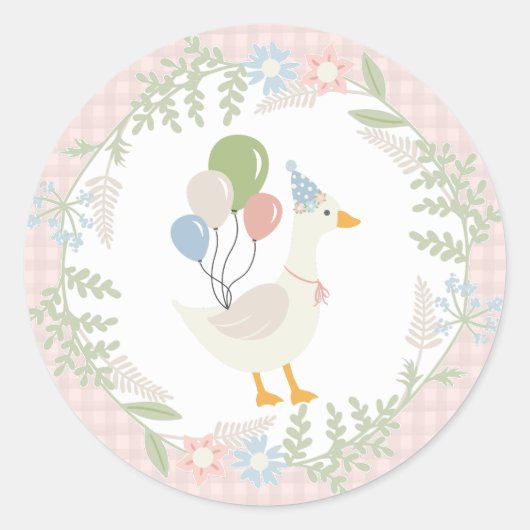 Roze Gekke Goose Floral Gingham Favors Ronde Sticker (Voorkant)