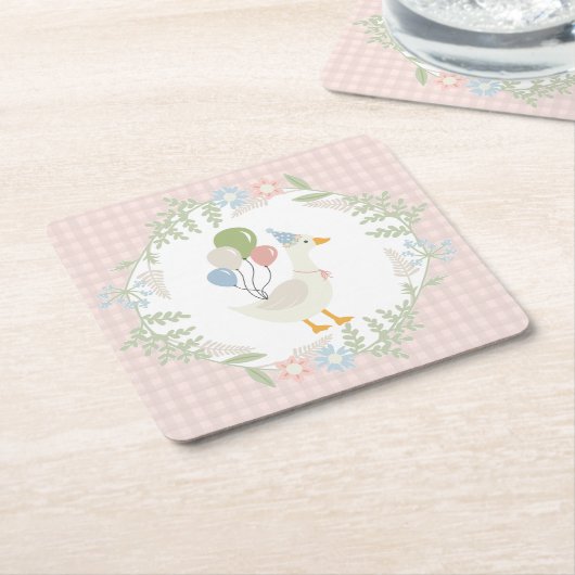Roze Gekke Goose Floral Gingham Papier Kartonnen Onderzetters (Schuin)