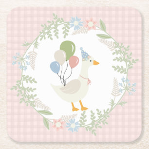 Roze Gekke Goose Floral Gingham Papier Kartonnen Onderzetters