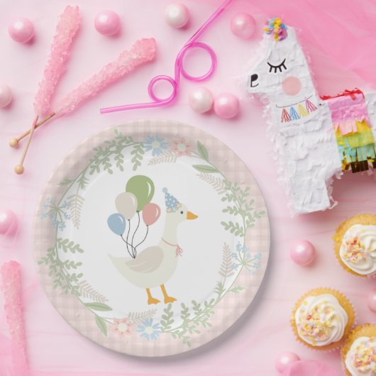 Roze Gekke Goose Floral Gingham Papier Papieren Bordje (Feest)