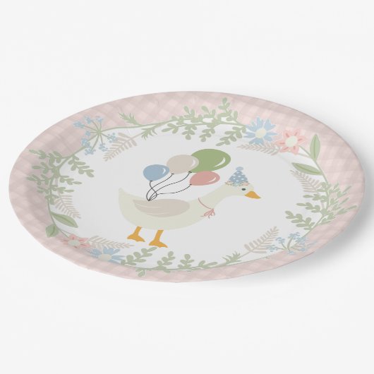 Roze Gekke Goose Floral Gingham Papier Papieren Bordje (Gekanteld)