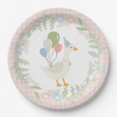 Roze Gekke Goose Floral Gingham Papier Papieren Bordje (Voorkant)
