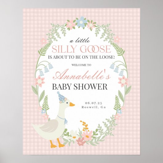 Roze Gekke Goose Gingham Baby shower Welkomstbord Poster (Voorkant)