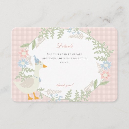 Roze Gekke Goose Gingham Bloemen Details Informatiekaartje (Voorkant)