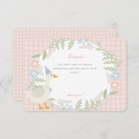 Roze Gekke Goose Gingham Bloemen Details Informatiekaartje (Voorkant / Achterkant)