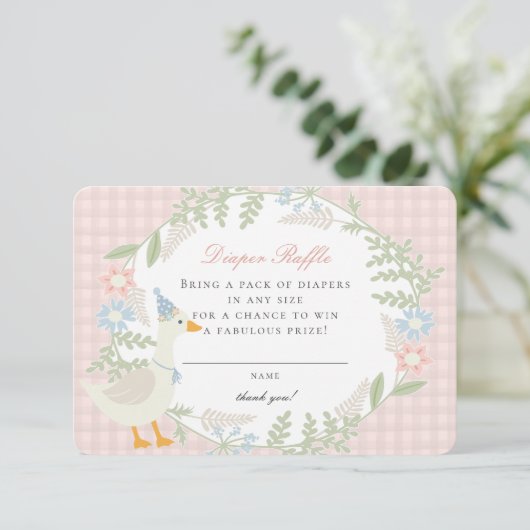 Roze Gekke Goose Gingham Bloemen Luier Raffle Kaar Informatiekaartje (Staand voorkant)