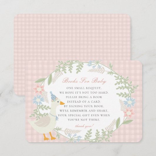 Roze Gekke Goose Gingham Bloemenboeken voor Baby Informatiekaartje (Voorkant / Achterkant)
