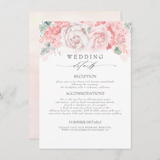 Roze Gekleurde Bloemen Trouwinformatie Informatiekaartje (Voorkant / Achterkant)