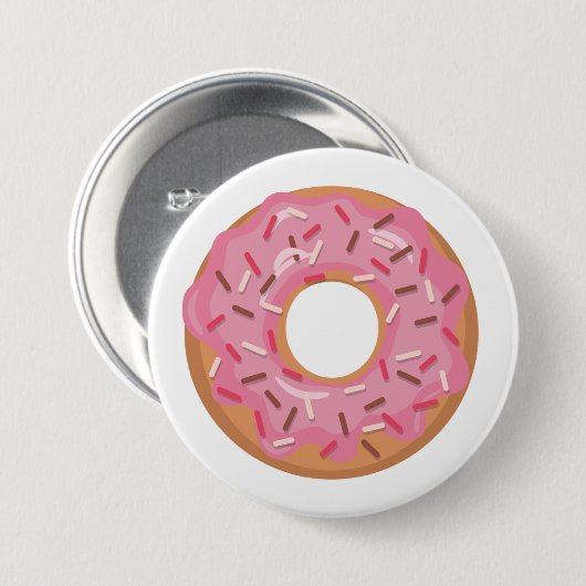 Roze gekleurde donut met sprinken ronde button 7,6 cm (Voorkant /achterkant)