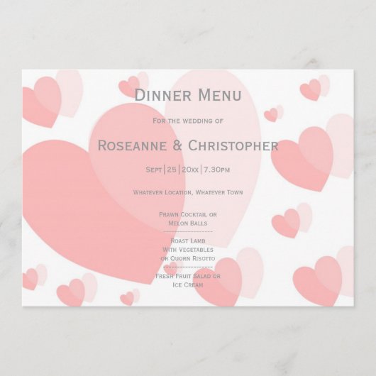 Roze gekleurde harten ontwerp bruiloft menu (Voorkant)