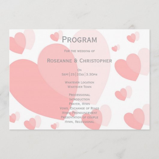 Roze gekleurde harten ontwerp bruiloft programmakaart (Voorkant)