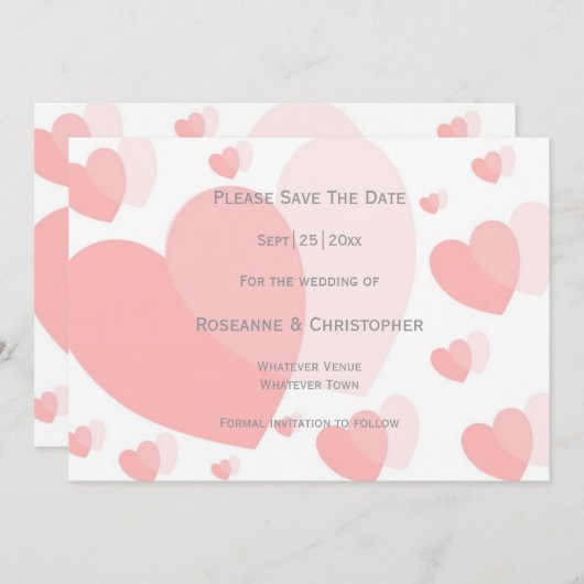 Roze gekleurde harten ontwerp bruiloft save the date (Voorkant / Achterkant)