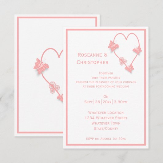 Roze Gekleurde Vlinders Hart Ontwerp Trouwen Kaart (Voorkant / Achterkant)