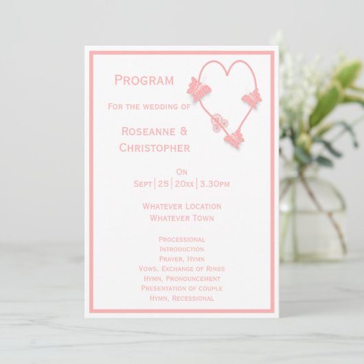 Roze Gekleurde Vlinders Hart Ontwerp Trouwen Programmakaart (Staand voorkant)