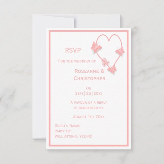 Roze Gekleurde Vlinders Hart Ontwerp Trouwen RSVP Kaartje (Voorkant)