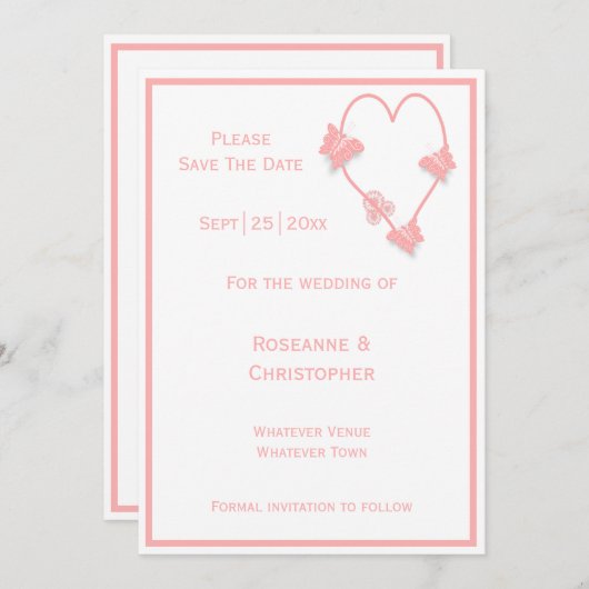 Roze Gekleurde Vlinders Hart Ontwerp Trouwen Save The Date (Voorkant / Achterkant)