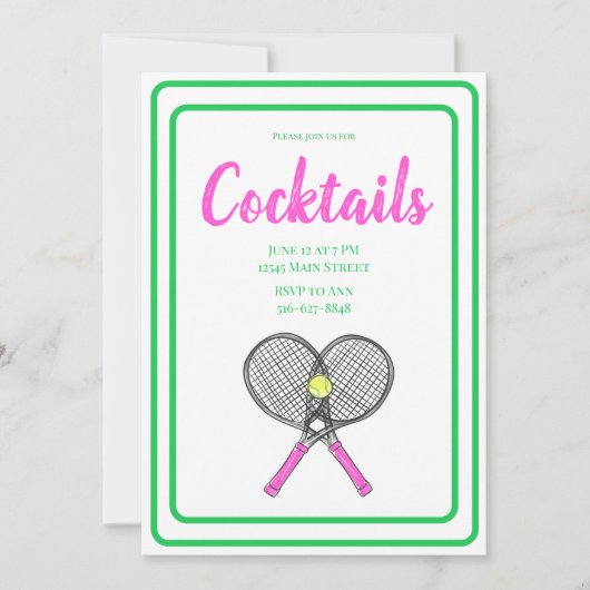 Roze Gekruiste Tennisrackets Cocktailfeestballen Kaart (Voorkant)