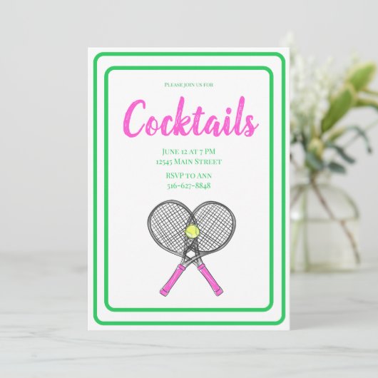 Roze Gekruiste Tennisrackets Cocktailfeestballen Kaart (Staand voorkant)