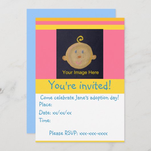 Roze Gele Adoptiepartij Uitnodigen Kaart (Voorkant / Achterkant)