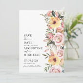 Roze & Gele Aquarel Bloemrijke Lente Bruiloft Save The Date (Staand voorkant)