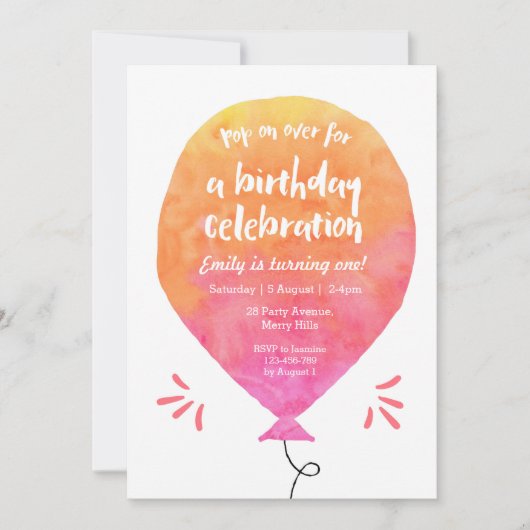 Roze gele ballon uitnodiging (Voorkant)