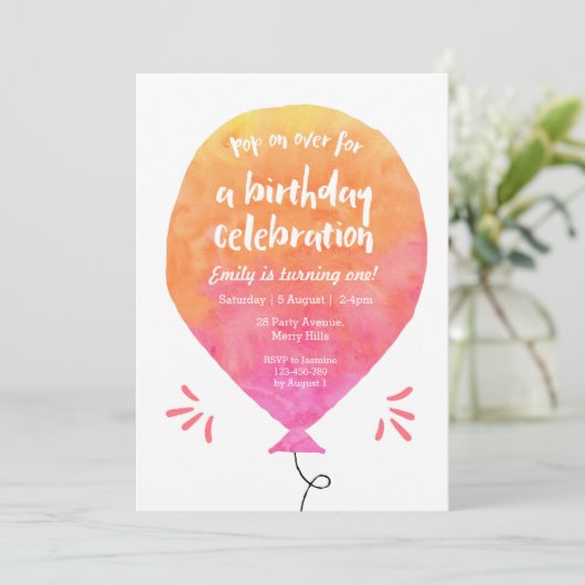 Roze gele ballon uitnodiging (Staand voorkant)