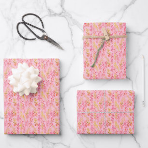 Roze & Gele Bladeren op Roze Inpakpapier Vel