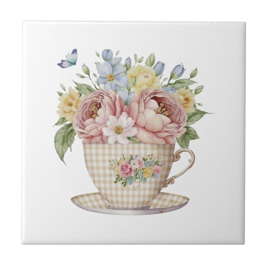 Roze gele blauwe bloemen in Tea cup Floral Kitchen Tegeltje (Voorkant)