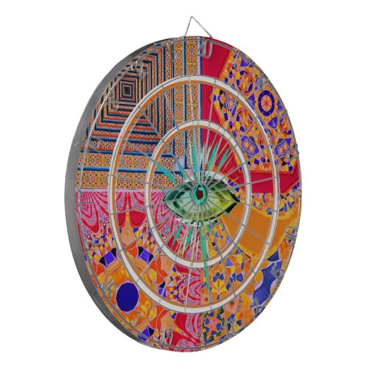 Roze gele blauwe geometrische Tegels en een oog Dartbord (Voorkant Links)