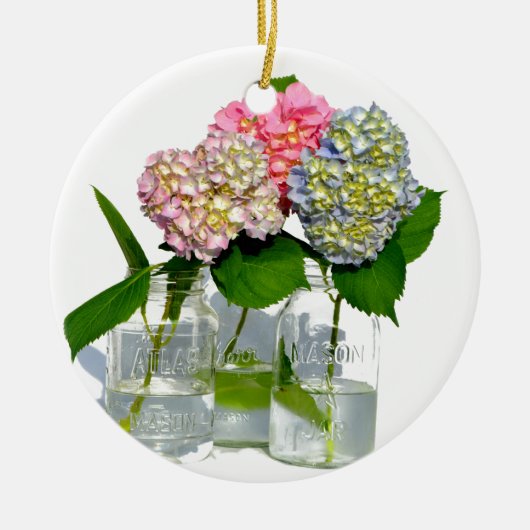 Roze gele blauwe hydrangeas in moeraspot keramisch ornament (Voorkant)
