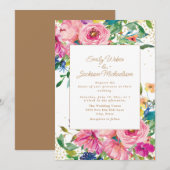 Roze Gele Bloemen Gouden Glitter Huwelijk Kaart (Voorkant / Achterkant)