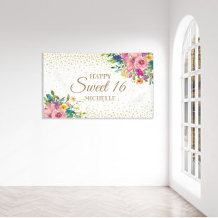 Roze Gele Bloemen Gouden Glitter Sweet 16 Spandoek