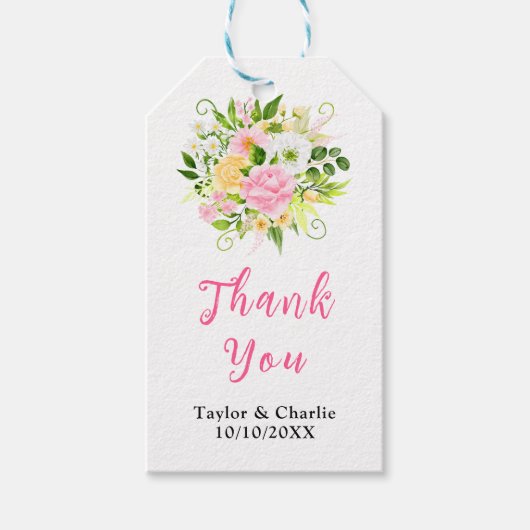 Roze Gele Bloemen Huwelijk Dank u Cadeaulabel (Voorkant)