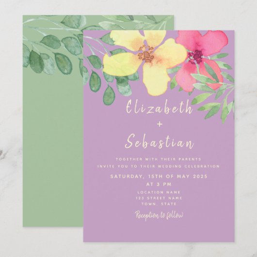 Roze Gele Bloemen Huwelijksuitnodiging Kaart (Voorkant / Achterkant)