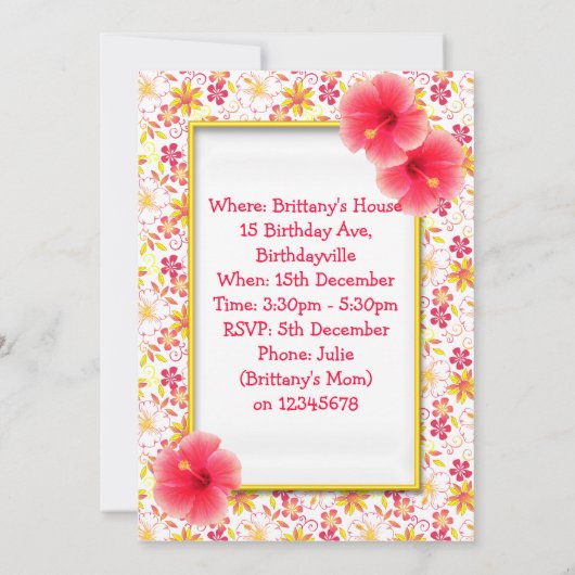 Roze gele bloemen kinderen Birthday Party Invitati Kaart (Achterkant)