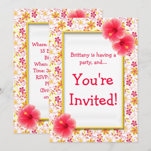 Roze gele bloemen kinderen Birthday Party Invitati Kaart (Voorkant / Achterkant)
