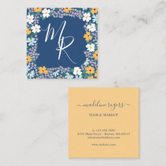Roze & Gele Bloemen Lijst Monogram Vierkante Visitekaartje (Voorkant / Achterkant)