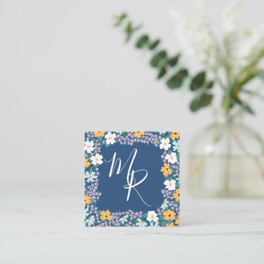 Roze & Gele Bloemen Lijst Monogram Vierkante Visitekaartje (Staand voorkant)