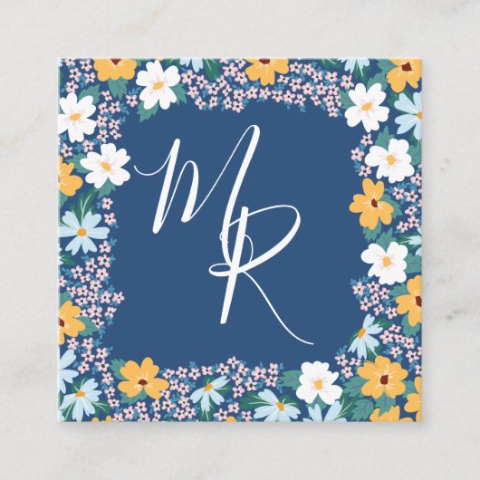 Roze & Gele Bloemen Lijst Monogram Vierkante Visitekaartje (Voorkant)