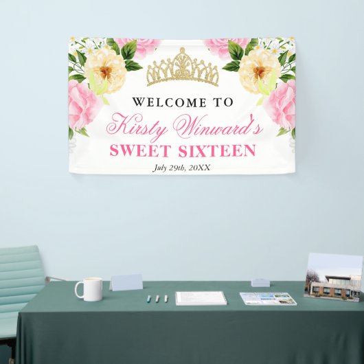 Roze & Gele Bloemen Welkom Sweet Sixteen Spandoek (Beurs)
