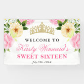 Roze & Gele Bloemen Welkom Sweet Sixteen Spandoek (Horizontaal)