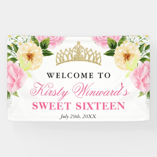Roze & Gele Bloemen Welkom Sweet Sixteen Spandoek (Horizontaal)